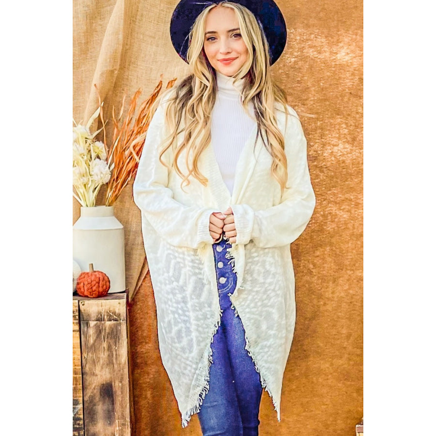 And The Why Textured Knit Fringe Hem Cardigan Ivory / S/M Apparel and Accessories