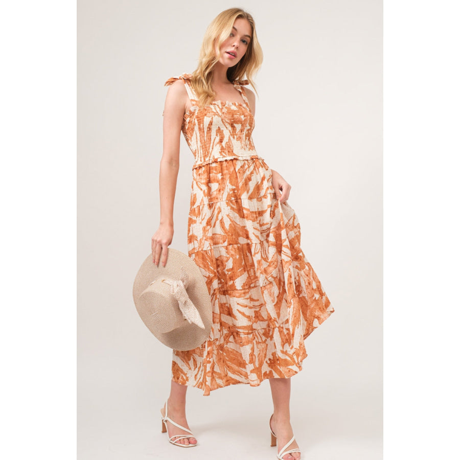 And The Why Tie Shoulder Smocked Midi Tiered Dress Hazelnut / S Apparel Accessories