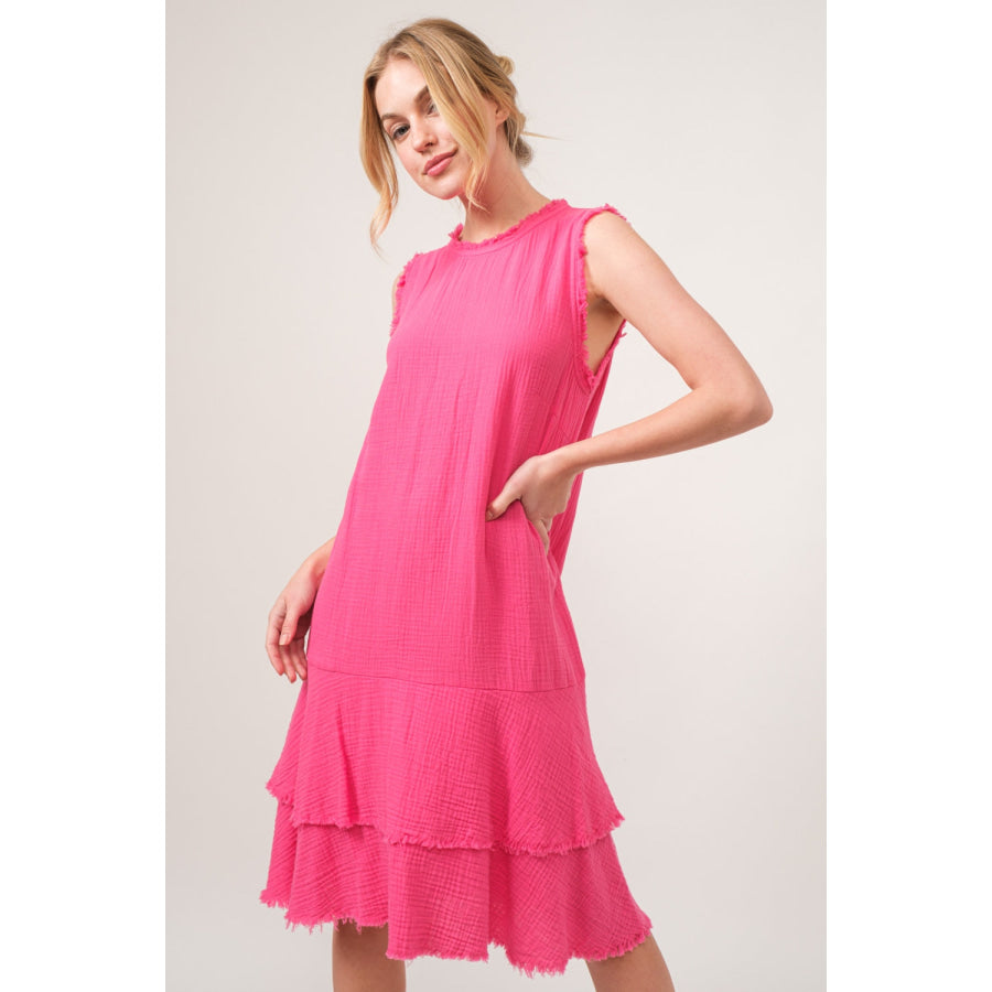 And The Why Washed Fringe Detail Tiered Dress FUCHSIA / S Apparel and Accessories
