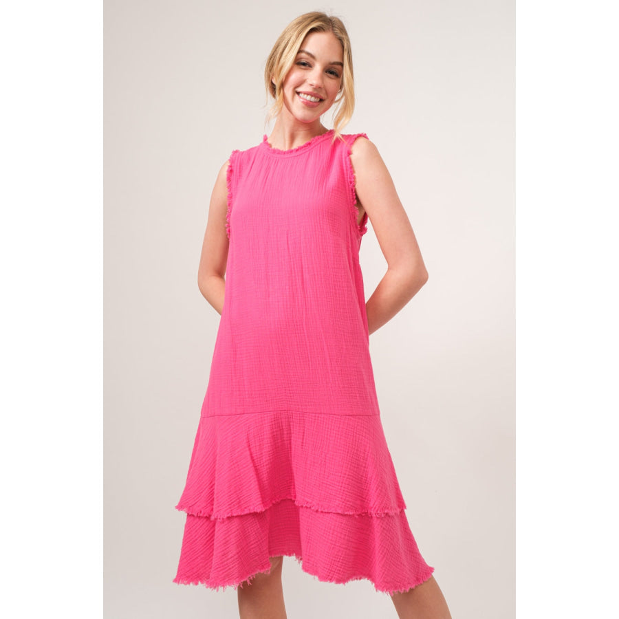 And The Why Washed Fringe Detail Tiered Dress FUCHSIA / S Apparel and Accessories