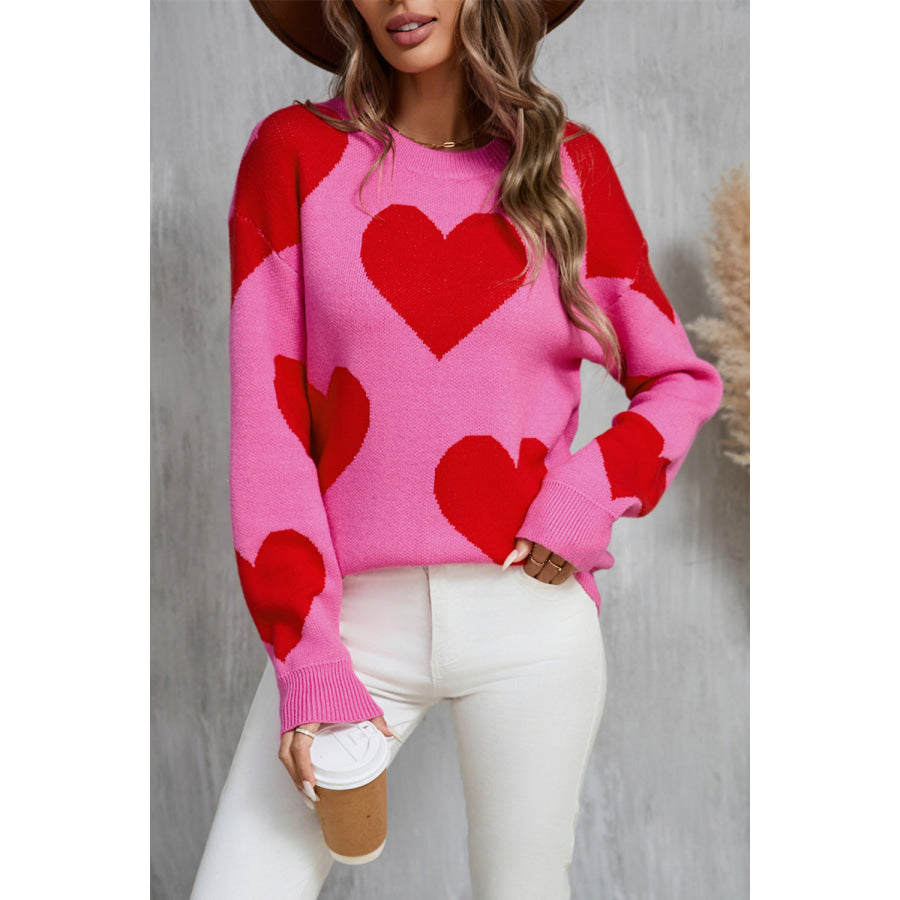 Angel Wings Contrast Heart Dropped Shoulder Long Sleeve Sweater Apparel and Accessories