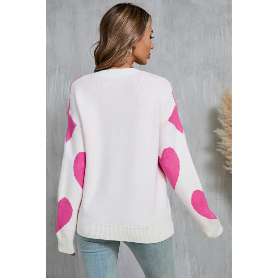 Angel Wings Contrast Heart Dropped Shoulder Long Sleeve Sweater Apparel and Accessories