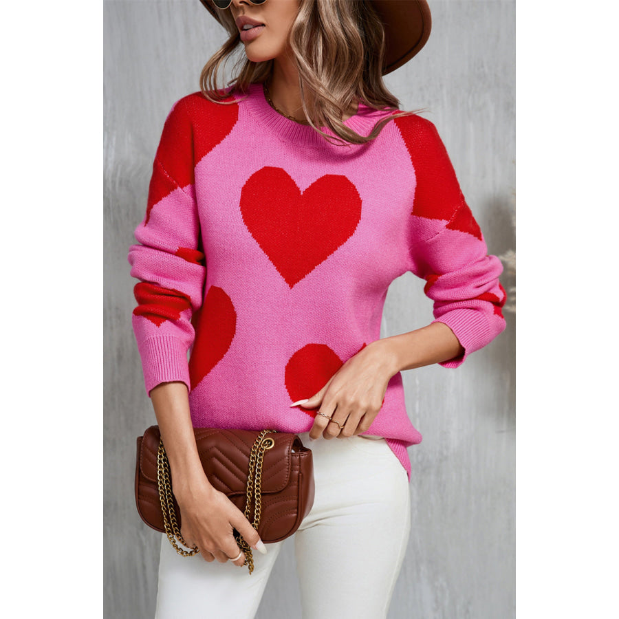 Angel Wings Contrast Heart Dropped Shoulder Long Sleeve Sweater Fuchsia Pink / S Apparel and Accessories