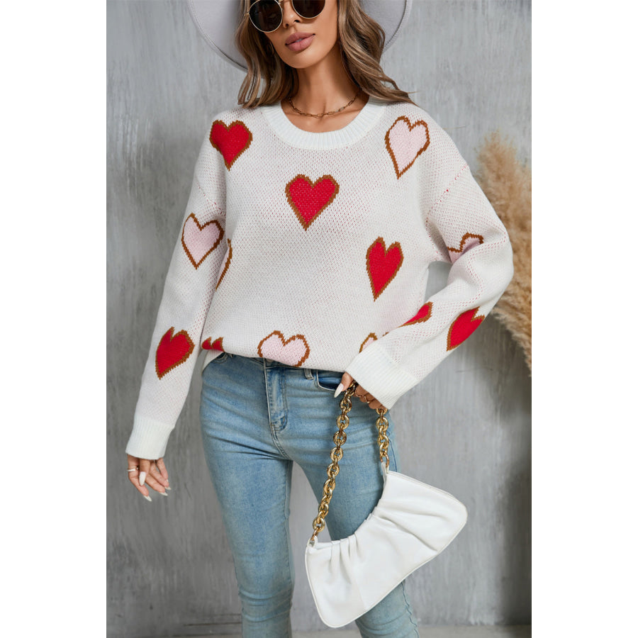 Angel Wings Contrast Heart Round Neck Long Sleeve Sweater Apparel and Accessories