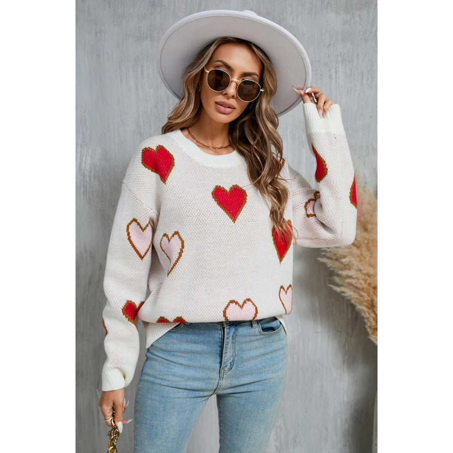 Angel Wings Contrast Heart Round Neck Long Sleeve Sweater Apparel and Accessories