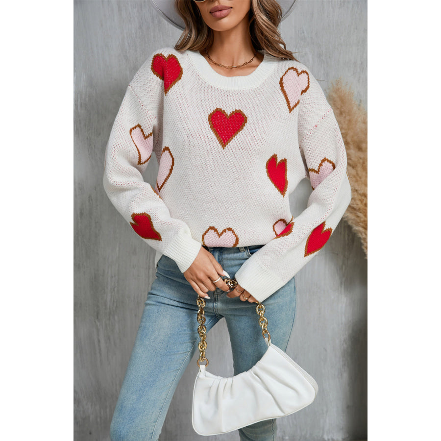 Angel Wings Contrast Heart Round Neck Long Sleeve Sweater Apparel and Accessories