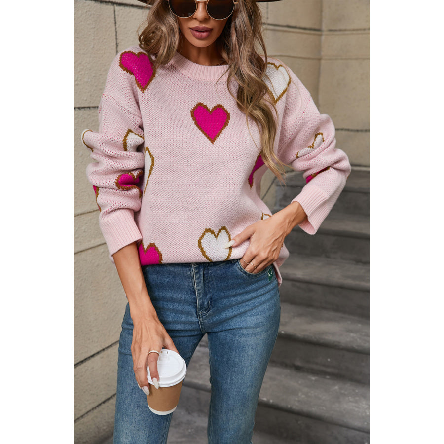 Angel Wings Contrast Heart Round Neck Long Sleeve Sweater Apparel and Accessories