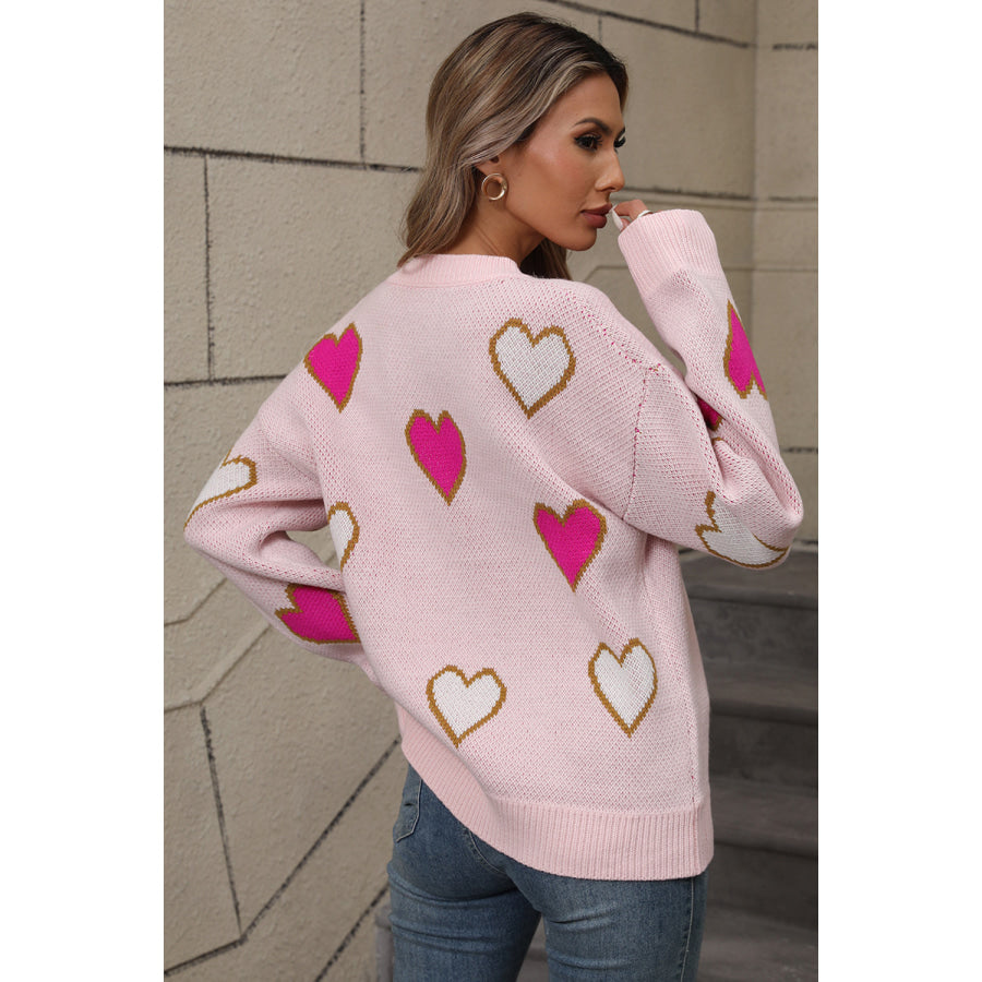 Angel Wings Contrast Heart Round Neck Long Sleeve Sweater Apparel and Accessories