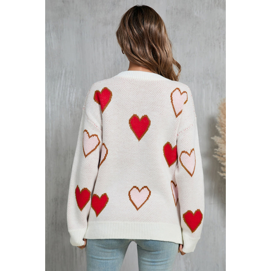 Angel Wings Contrast Heart Round Neck Long Sleeve Sweater Apparel and Accessories