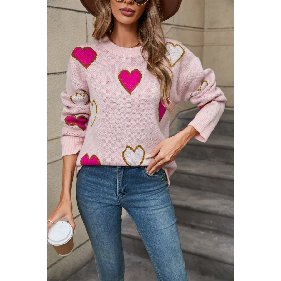 Angel Wings Contrast Heart Round Neck Long Sleeve Sweater Blush Pink / S Apparel and Accessories