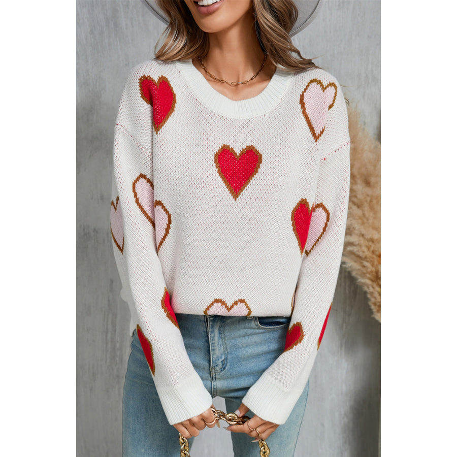 Angel Wings Contrast Heart Round Neck Long Sleeve Sweater White / S Apparel and Accessories