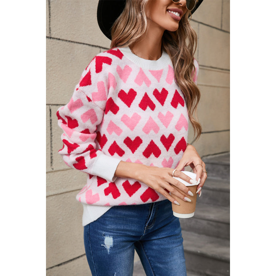 Angel Wings Contrast Heart Round Neck Sweater Apparel and Accessories