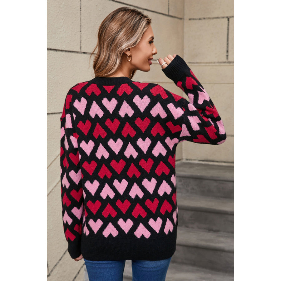 Angel Wings Contrast Heart Round Neck Sweater Apparel and Accessories