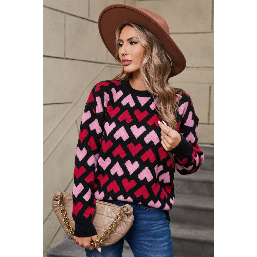 Angel Wings Contrast Heart Round Neck Sweater Apparel and Accessories