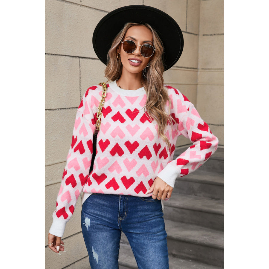 Angel Wings Contrast Heart Round Neck Sweater Apparel and Accessories