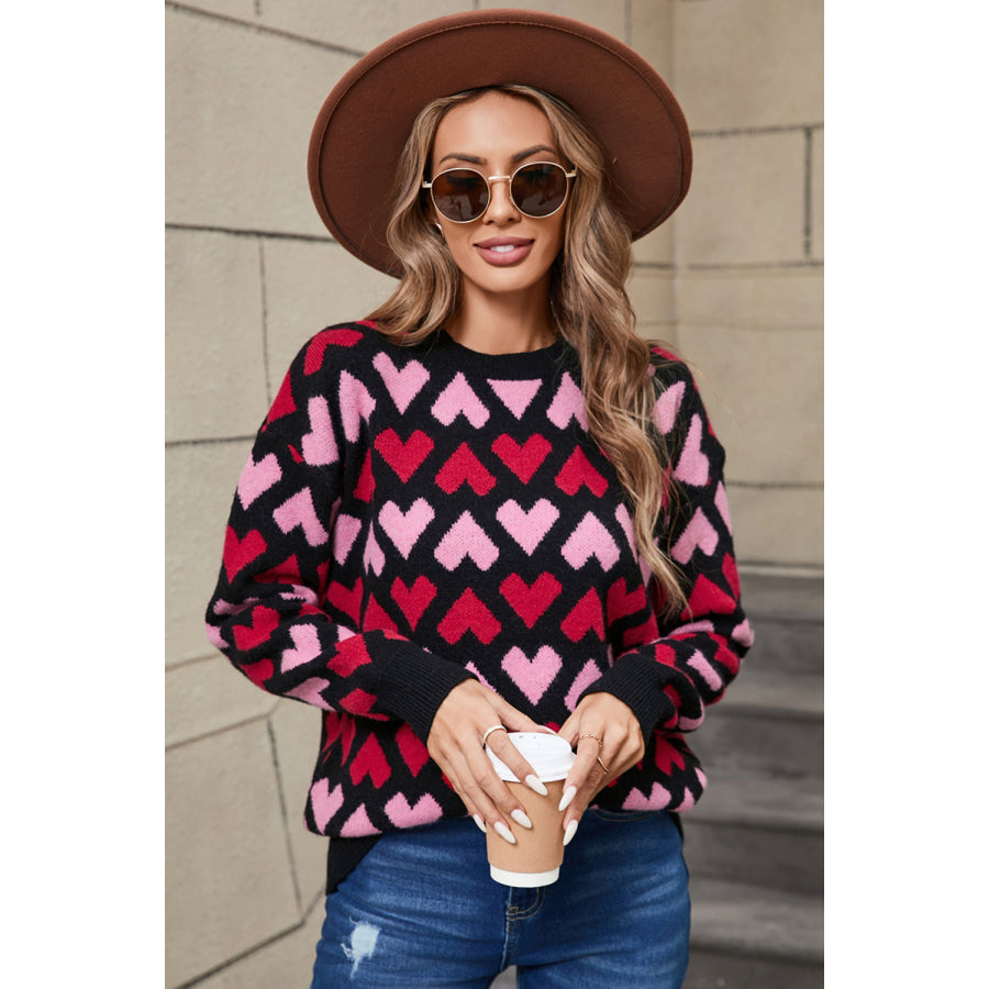 Angel Wings Contrast Heart Round Neck Sweater Apparel and Accessories