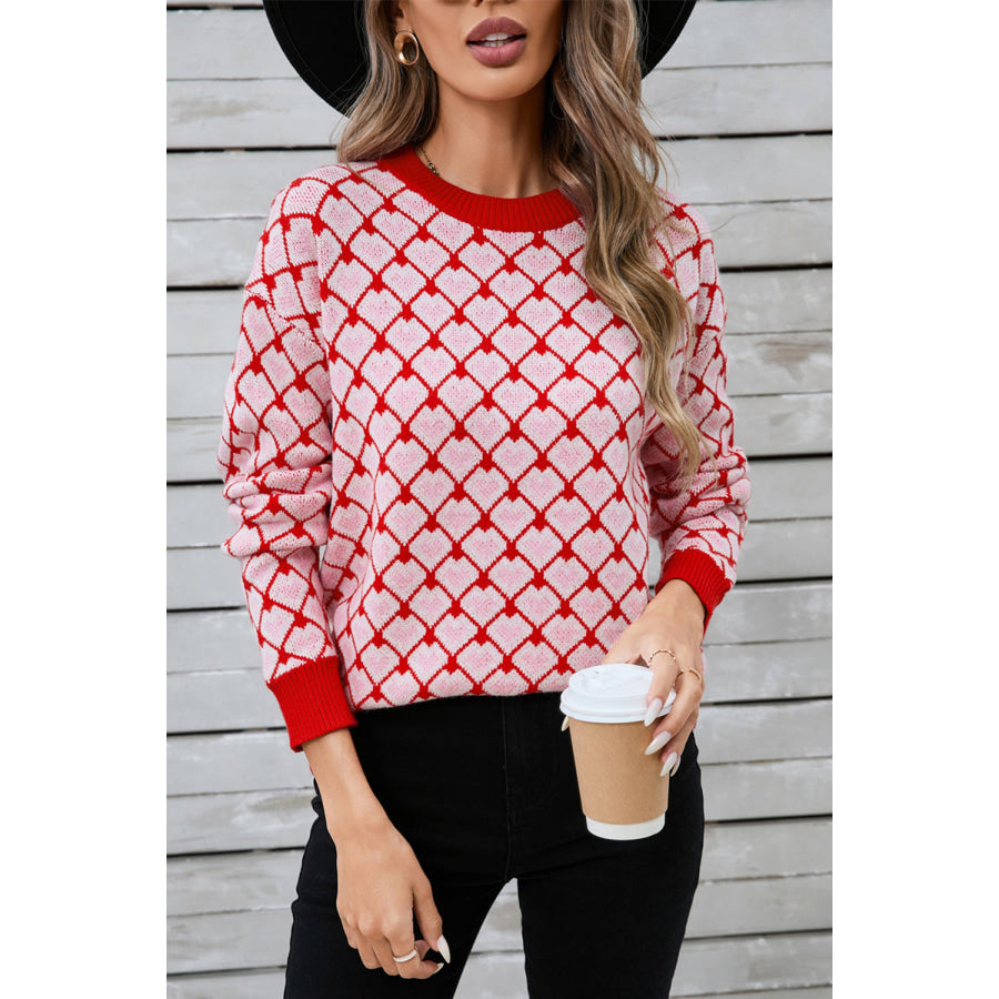 Angel Wings Contrast Round Neck Dropped Shoulder Sweater Deep Red / S Apparel and Accessories