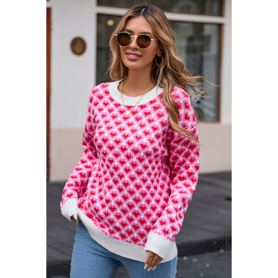 Angel Wings Contrast Round Neck Dropped Shoulder Sweater Hot Pink / S Apparel and Accessories