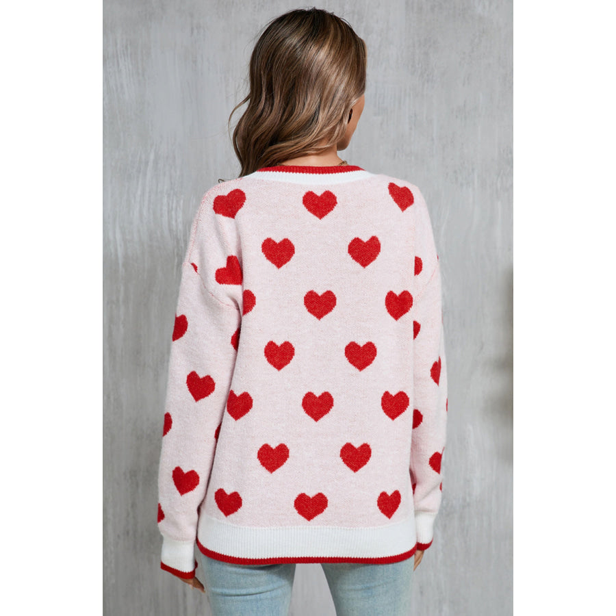 Angel Wings Contrast Trim Heart Round Neck Sweater Apparel and Accessories