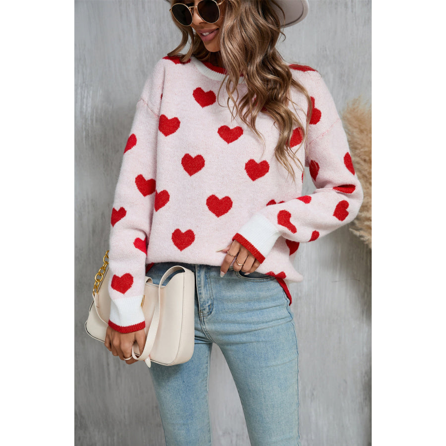 Angel Wings Contrast Trim Heart Round Neck Sweater Apparel and Accessories