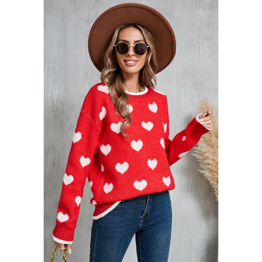 Angel Wings Contrast Trim Heart Round Neck Sweater Apparel and Accessories