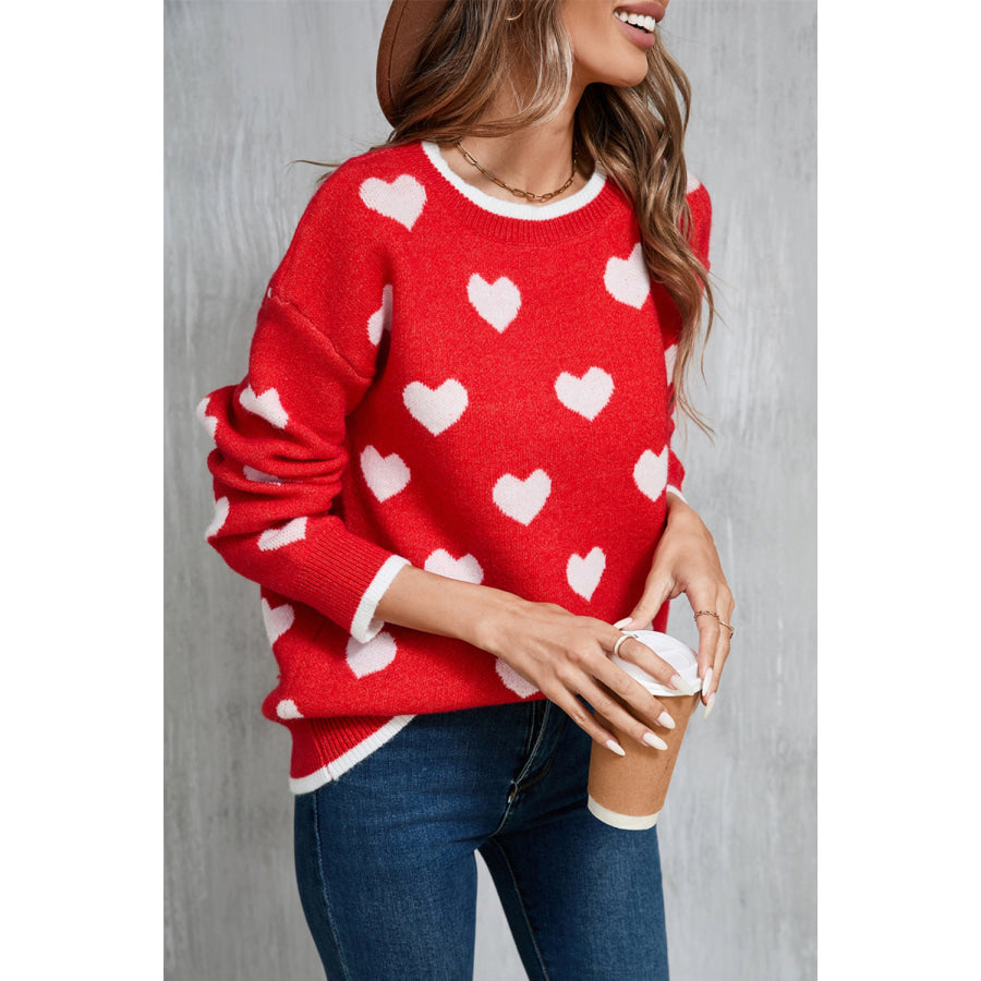 Angel Wings Contrast Trim Heart Round Neck Sweater Apparel and Accessories