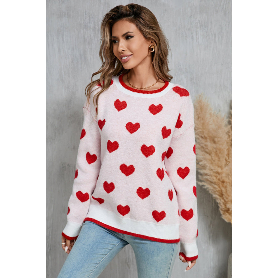 Angel Wings Contrast Trim Heart Round Neck Sweater Apparel and Accessories