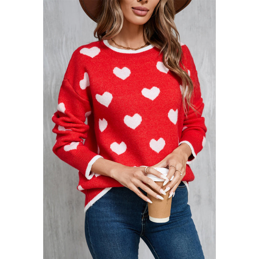 Angel Wings Contrast Trim Heart Round Neck Sweater Apparel and Accessories