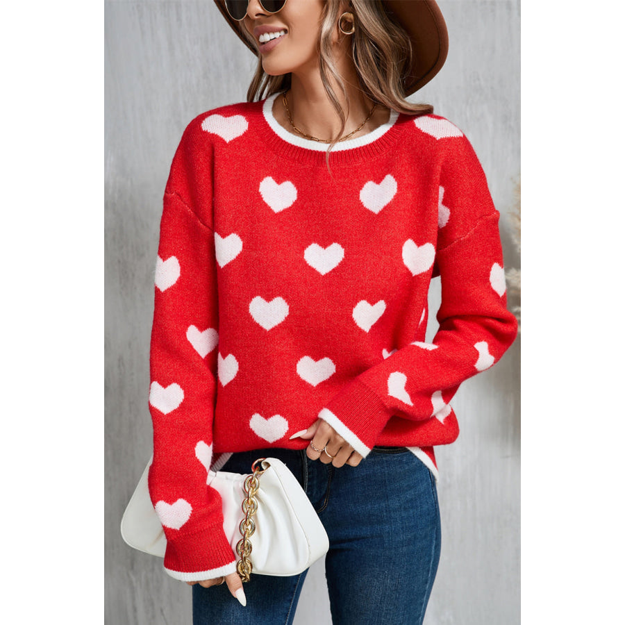 Angel Wings Contrast Trim Heart Round Neck Sweater Red / S Apparel and Accessories