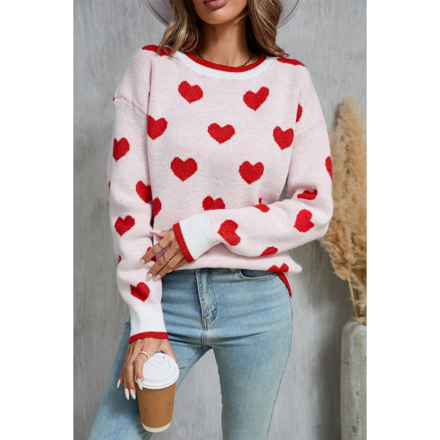 Angel Wings Contrast Trim Heart Round Neck Sweater White / S Apparel and Accessories