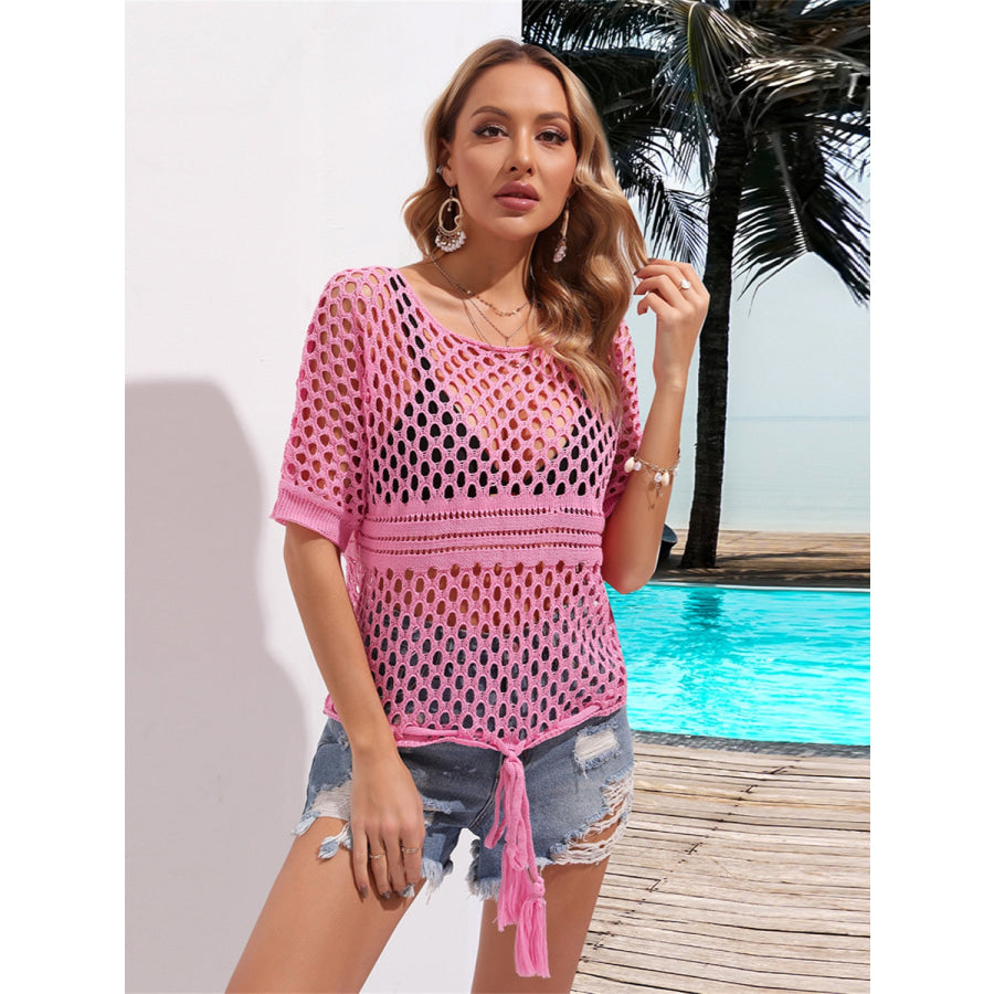 Angel Wings Cutout Round Neck Short Sleeve Cover Up Hot Pink / S Apparel and Accessories