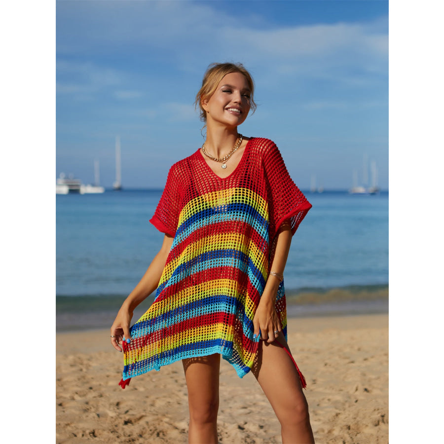 Angel Wings Cutout Striped Cover-Up with Tassel Apparel and Accessories