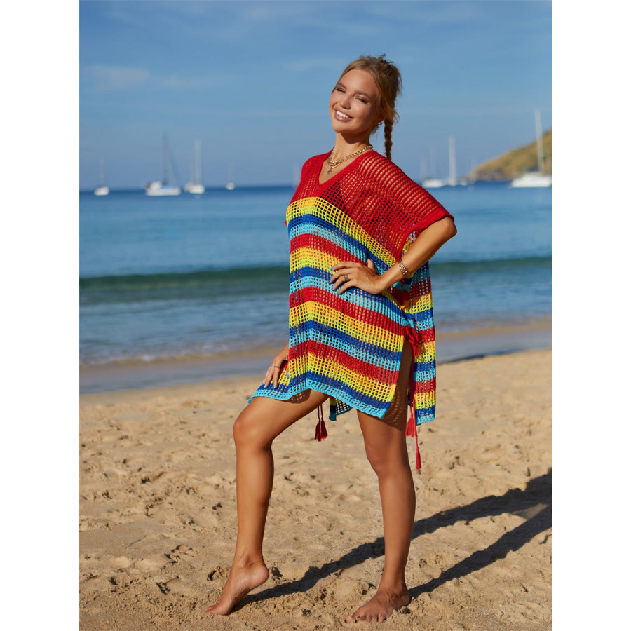 Angel Wings Cutout Striped Cover-Up with Tassel Apparel and Accessories