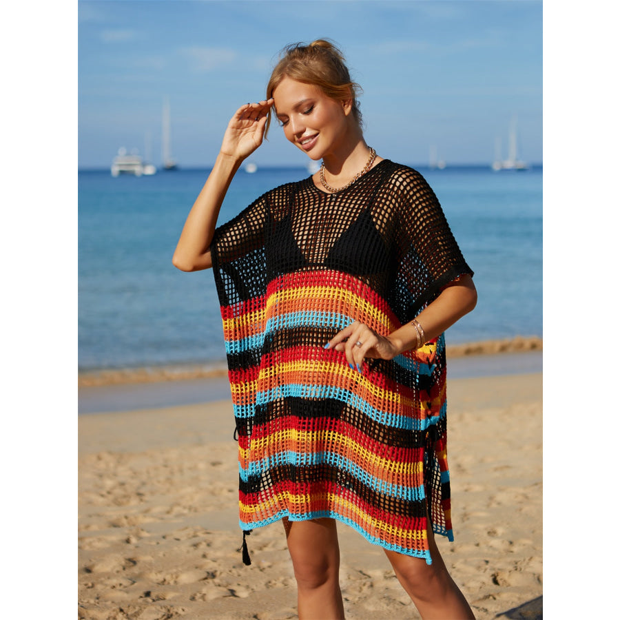 Angel Wings Cutout Striped Cover-Up with Tassel Apparel and Accessories