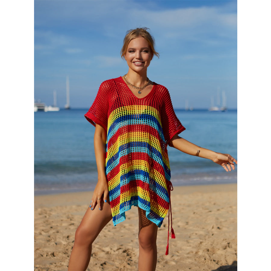 Angel Wings Cutout Striped Cover-Up with Tassel Apparel and Accessories