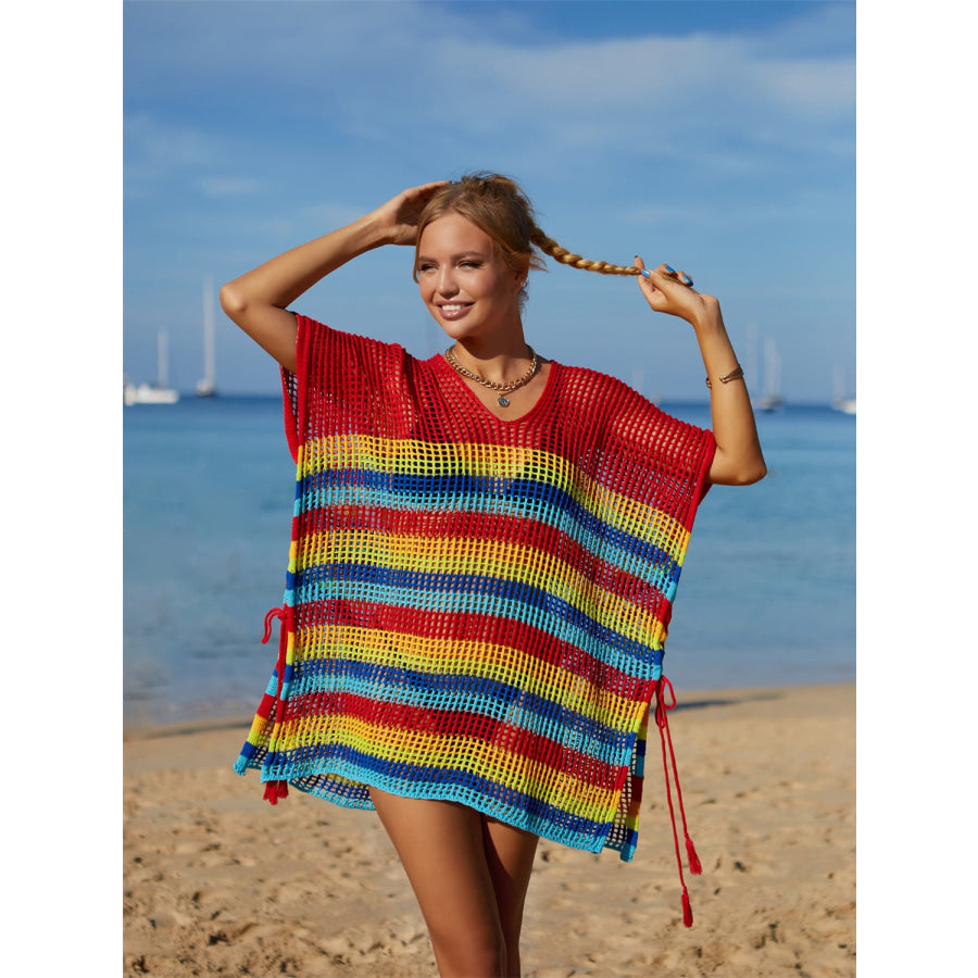 Angel Wings Cutout Striped Cover-Up with Tassel Apparel and Accessories