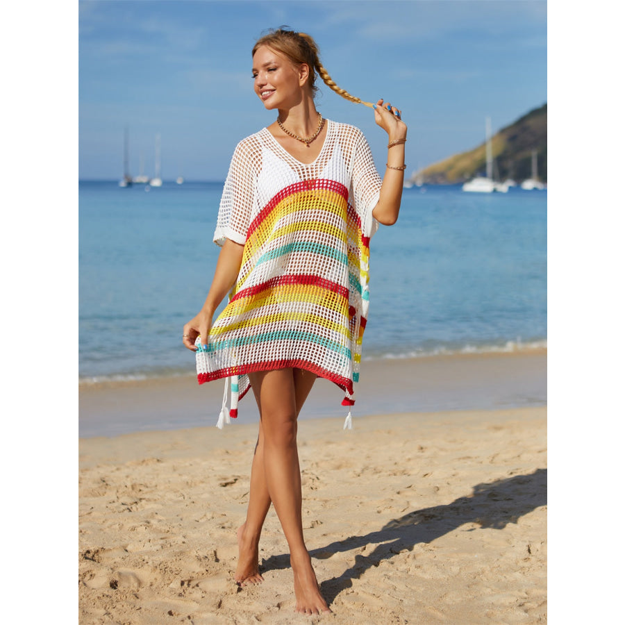 Angel Wings Cutout Striped Cover-Up with Tassel Apparel and Accessories