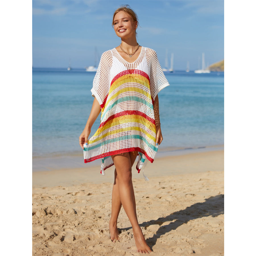 Angel Wings Cutout Striped Cover-Up with Tassel Apparel and Accessories