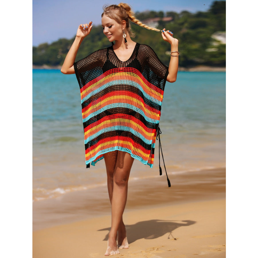 Angel Wings Cutout Striped Cover-Up with Tassel Apparel and Accessories