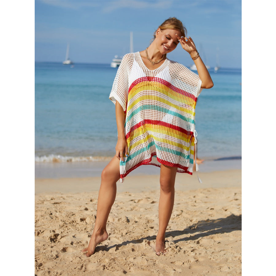 Angel Wings Cutout Striped Cover-Up with Tassel Apparel and Accessories