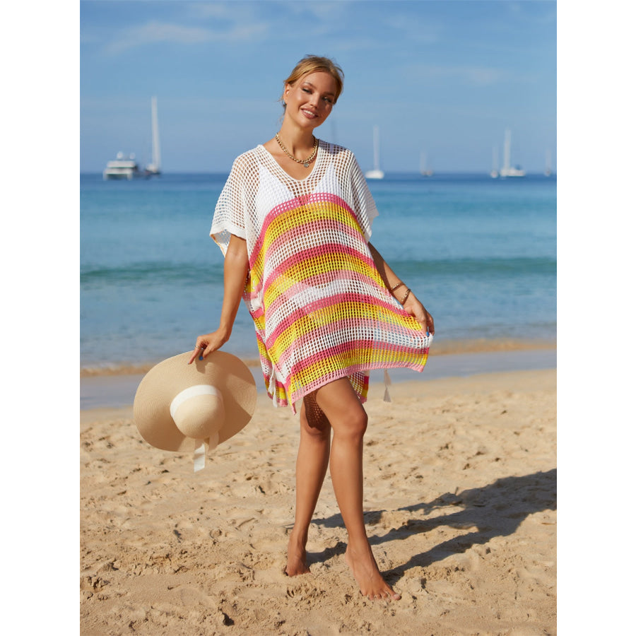 Angel Wings Cutout Striped Cover-Up with Tassel Apparel and Accessories