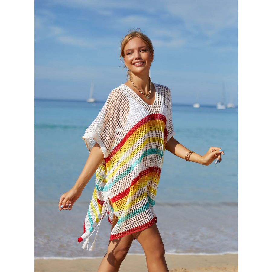 Angel Wings Cutout Striped Cover-Up with Tassel Apparel and Accessories