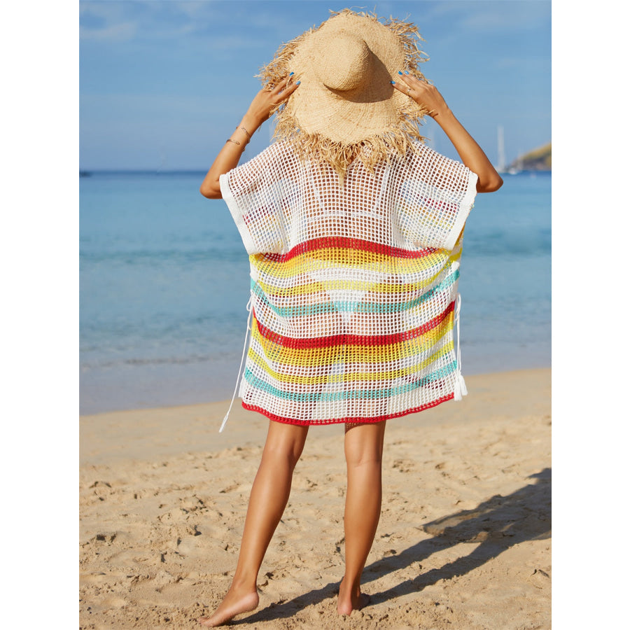 Angel Wings Cutout Striped Cover-Up with Tassel Apparel and Accessories