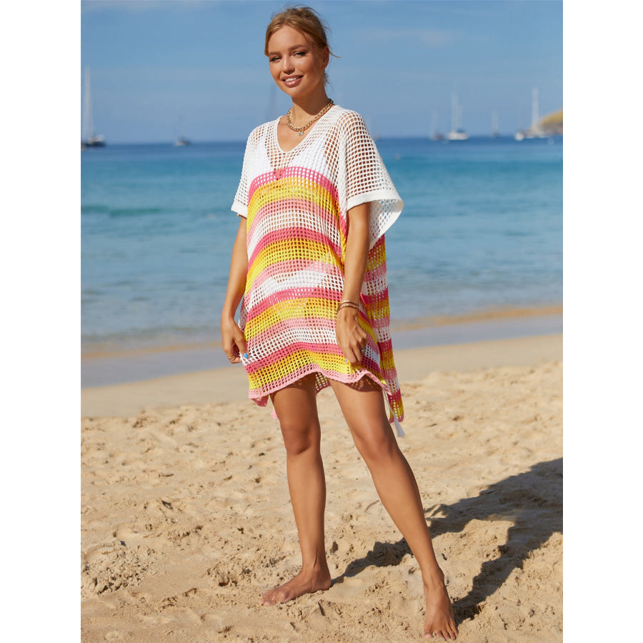 Angel Wings Cutout Striped Cover-Up with Tassel Apparel and Accessories