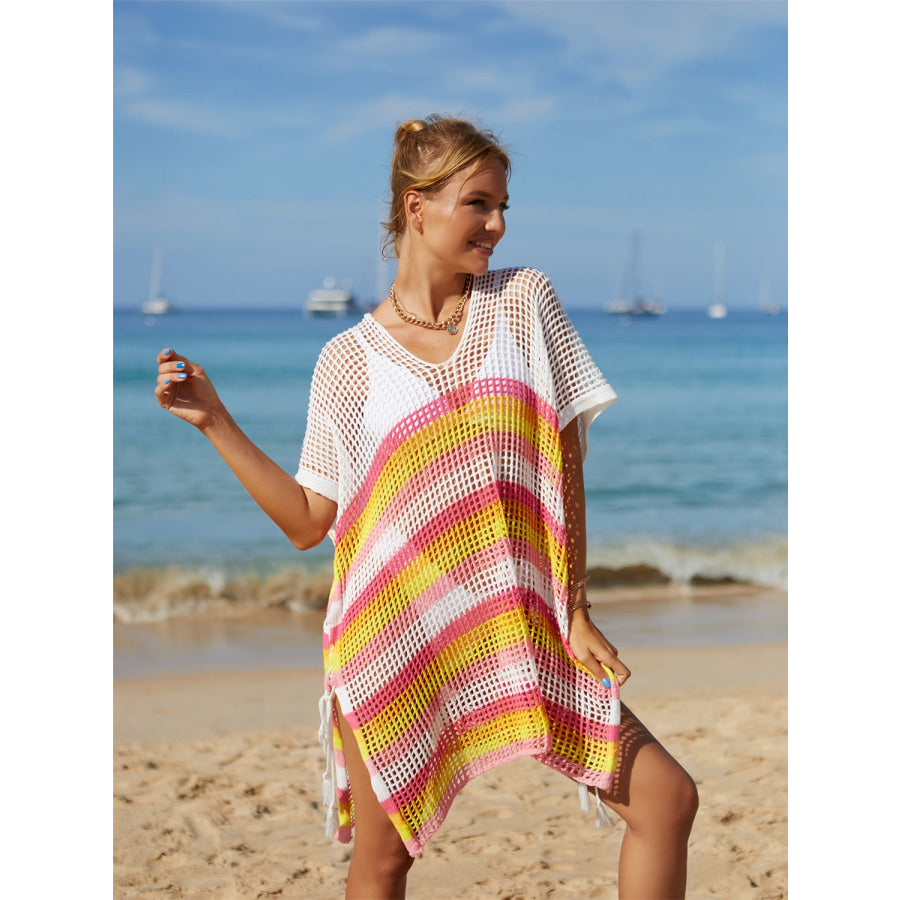 Angel Wings Cutout Striped Cover-Up with Tassel Apparel and Accessories