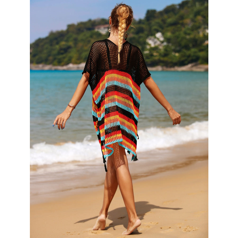 Angel Wings Cutout Striped Cover-Up with Tassel Apparel and Accessories