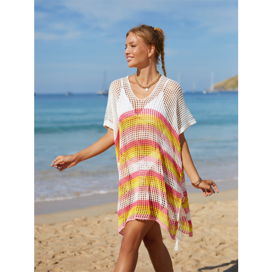 Angel Wings Cutout Striped Cover-Up with Tassel Apparel and Accessories