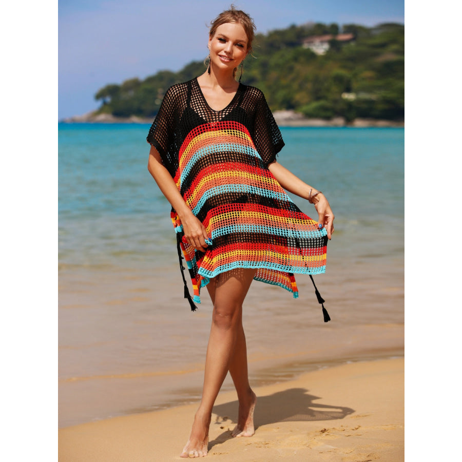 Angel Wings Cutout Striped Cover-Up with Tassel Apparel and Accessories