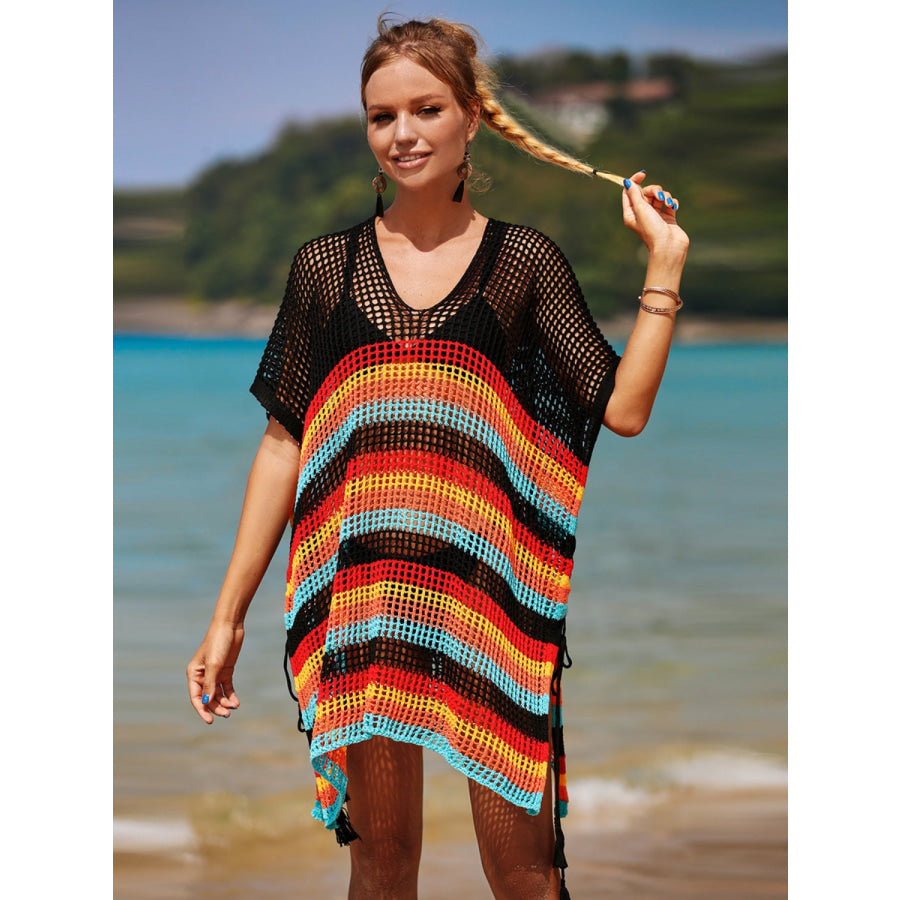 Angel Wings Cutout Striped Cover-Up with Tassel Black / One Size Apparel and Accessories