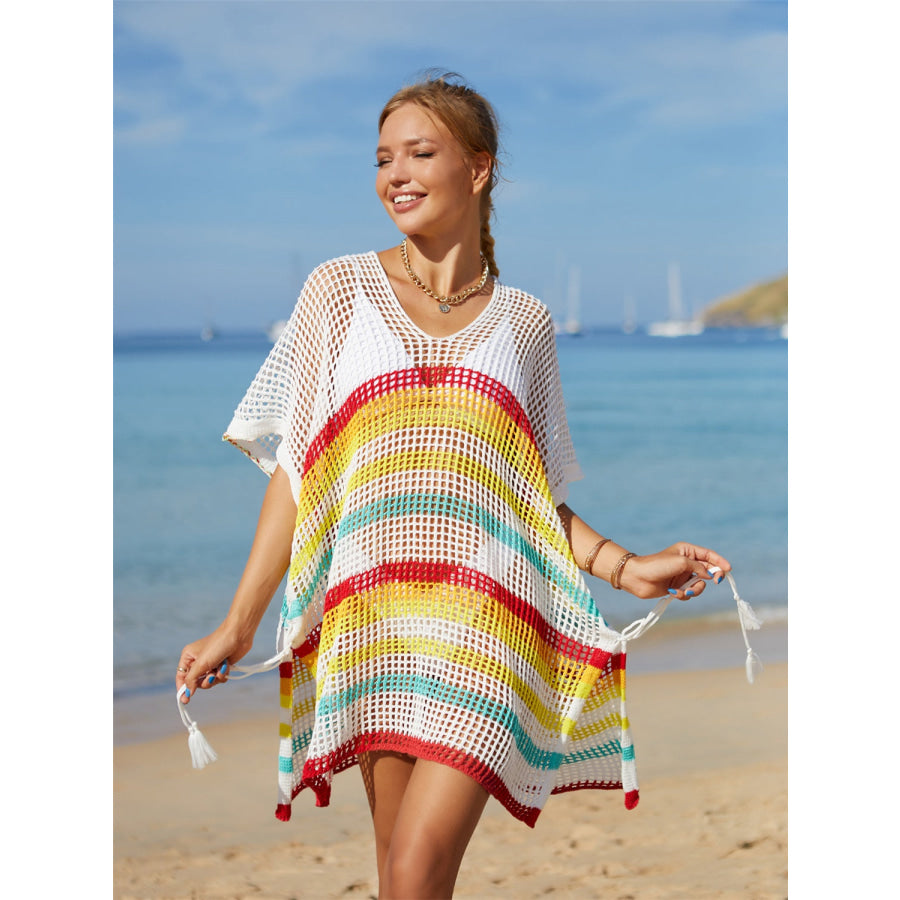 Angel Wings Cutout Striped Cover-Up with Tassel Gold / One Size Apparel and Accessories